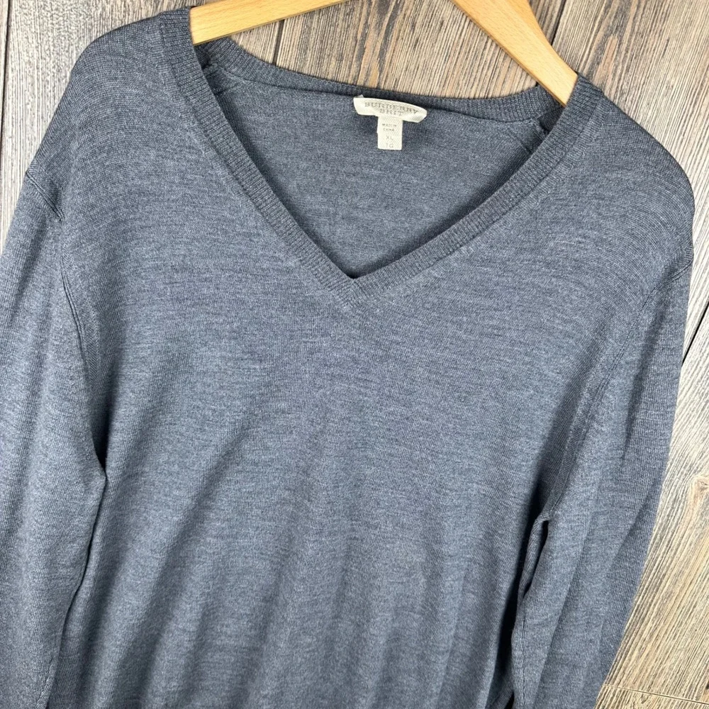Burberry Brit V-Neck Sweater Men XL Grey 100% Extra Fine Merino Wool Elbow Patch - Picture 2 of 8